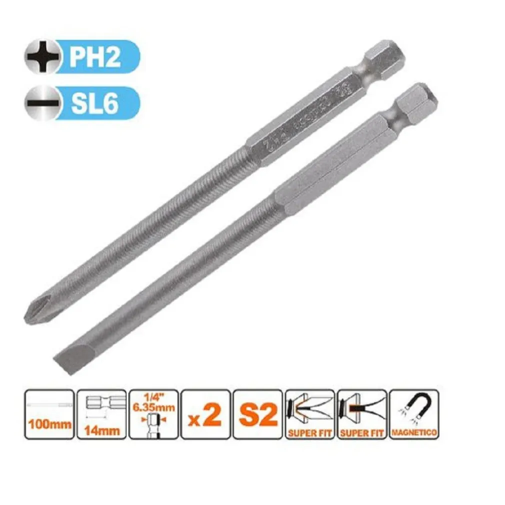 KIT 2 BITS 100MM GAMBO 1/4" 6.35MM PUNTA S2 MAGNETICA CROCE PH2 TAGLIO SL6 57250