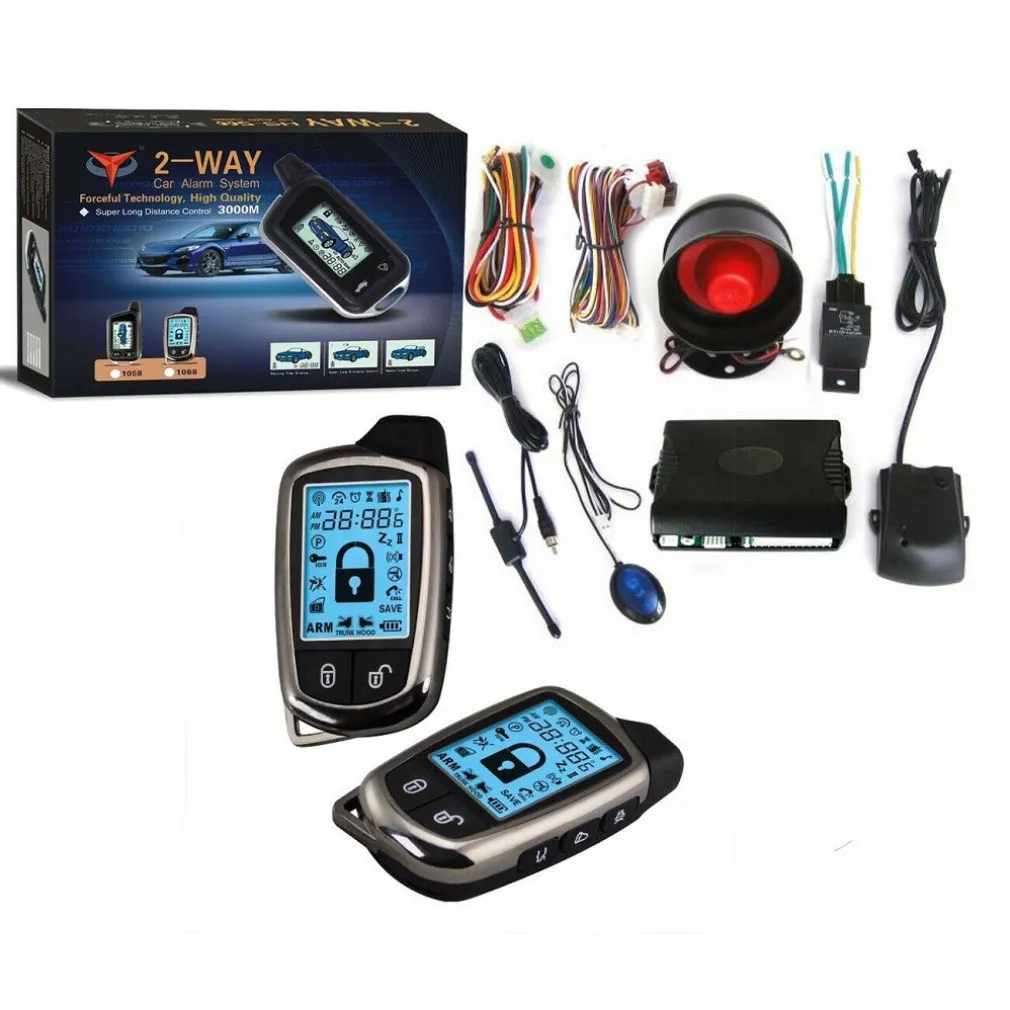 KIT ALLARME ANTIFURTO AUTO COMPLETO 2 TELECOMANDI 2 VIE LCD SIRENA CENTRALINA