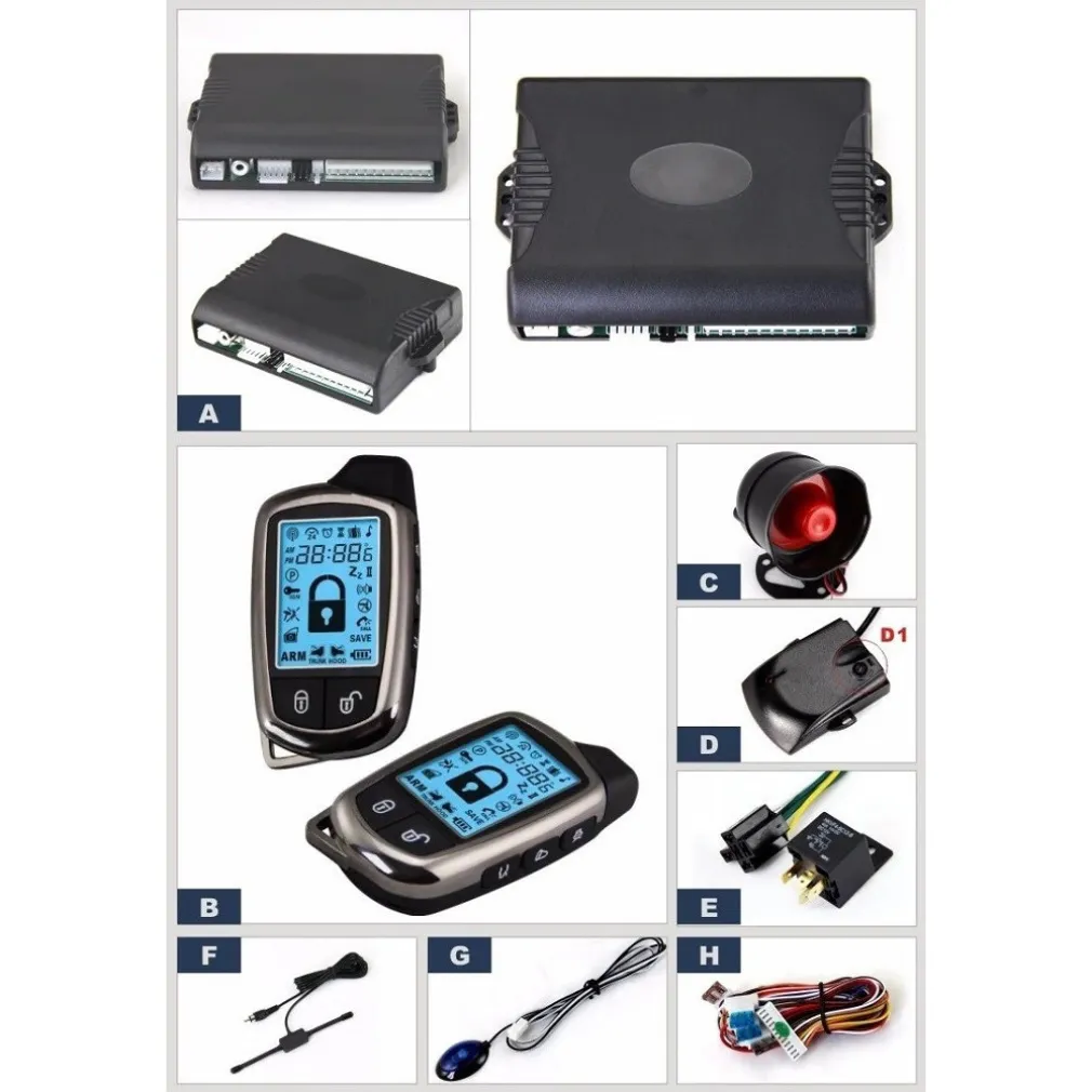 KIT ALLARME ANTIFURTO AUTO COMPLETO 2 TELECOMANDI 2 VIE LCD SIRENA CENTRALINA