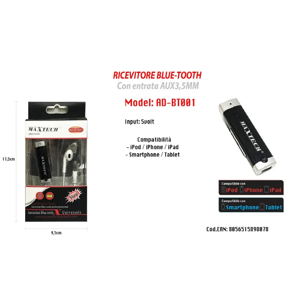 KIT AURICOLARI CON JACK 3,5MM ADATTATORE BLUETOOTH SMARTPHONE MAXTECH AD-BT001