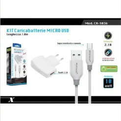 KIT CARICABATTERIA ADATTATORE DI RICARICA CON CAVO MICRO USB 1MT MAXTECH CA-S036