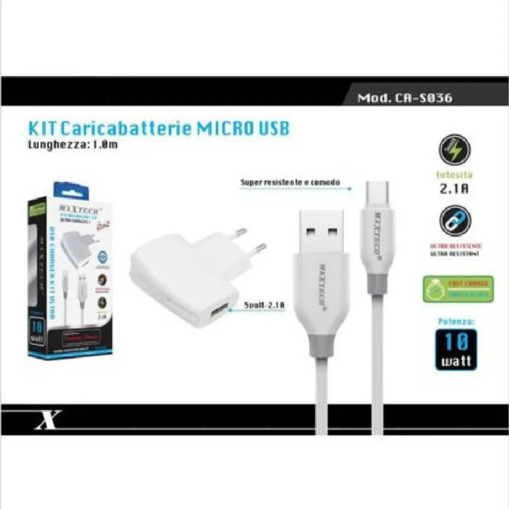 KIT CARICABATTERIA ADATTATORE DI RICARICA CON CAVO MICRO USB 1MT MAXTECH CA-S036