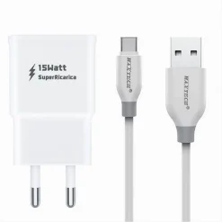 KIT CARICABATTERIA SPINA 2 PORTE USB + CAVO TYPE-C 1 METRO 3A MAXTECH CA-S040