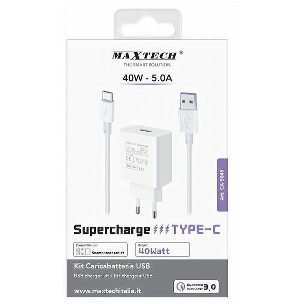 KIT CARICABATTERIA USB CARICATORE CAVO TYPE-C 40W SUPERCHARGE SMARTPHONE CA-S045