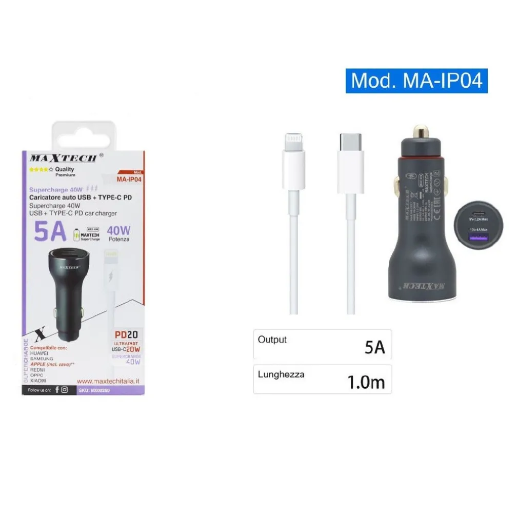 KIT CARICABATTERIE AUTO USB/TYPE-C SUPERCHANGE CAVO LIGHTNING USB-C 1 MT MA-IP04