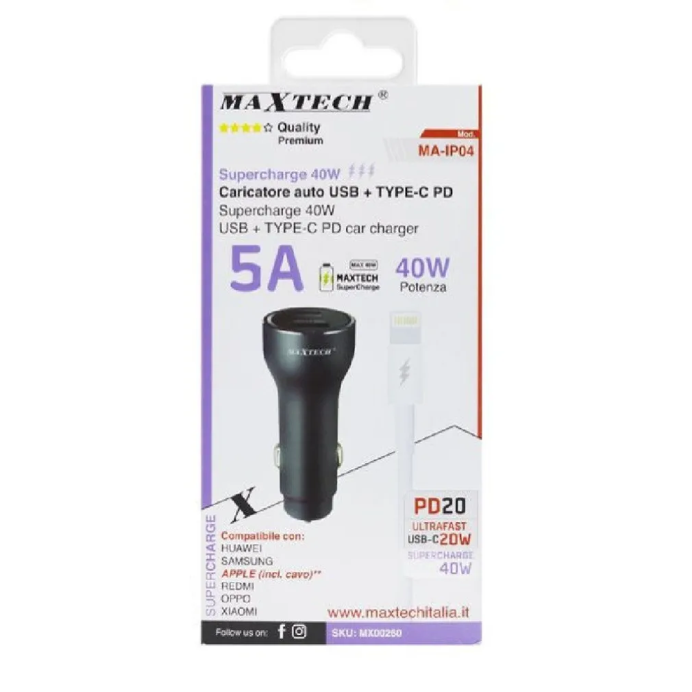 KIT CARICABATTERIE AUTO USB/TYPE-C SUPERCHANGE CAVO LIGHTNING USB-C 1 MT MA-IP04