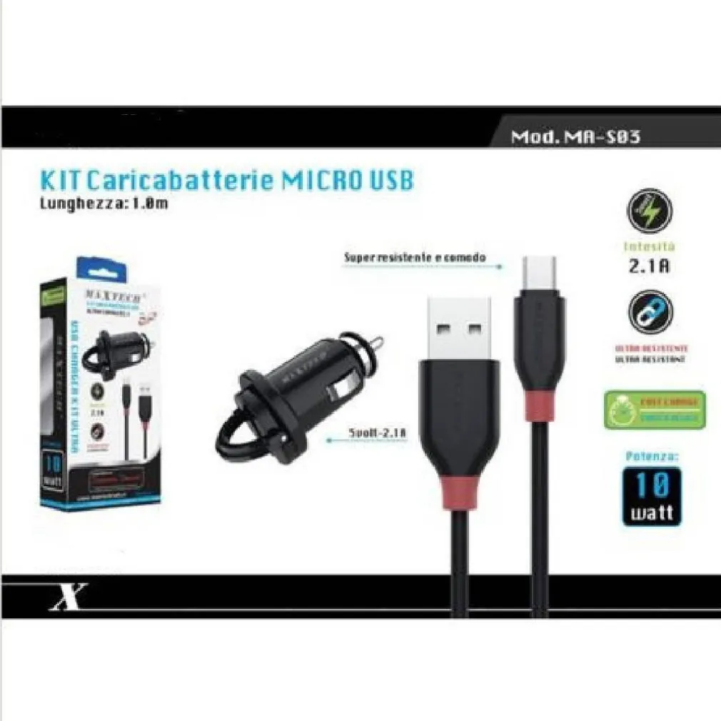KIT CARICABATTERIE CARICATORE DA AUTO + CAVO MICRO USB 1MT 10WATT MAXTECH MA-S03