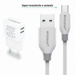 KIT CARICABATTERIE DA MURO 2 PORTE USB 2.1A + CAVO MICRO USB 1MT MAXTECH CA-S039