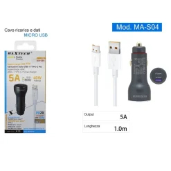 KIT CARICATORE AUTO USB RICARICA RAPIDA 40 W 5A CAVO DATI MICRO USB 1 MT MA-S04