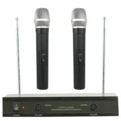 KIT COPPIA MICROFONI PROFESSIONALI WIRELESS CON CENTRALINA VHF BICANALI VHF200