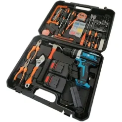 KIT DA 100 PEZZI COMPLETO DI ATTREZZI CON TRAPANO AVVITATORE A BATTERIA VALIGIETTA