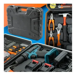 KIT DA 100 PEZZI COMPLETO DI ATTREZZI CON TRAPANO AVVITATORE A BATTERIA VALIGIETTA