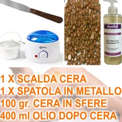 KIT DEPILAZIONE BRASILIANA SCALDA CERA SPATOLA OLIO SFERE PERLE CERETTA INDOLORE