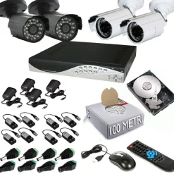 KIT DVR 4 TELECAMERA 700 TVL VIDEOSORVEGLIANZA LAN HD 500GB BALUN SMARTPHONE