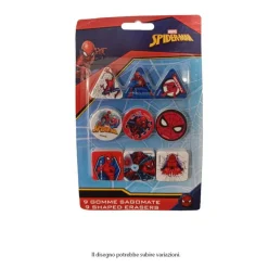 KIT GOMME PER CANCELLARE 9PZ SAGOMATE TEMA SPIDERMAN CANCELLERIA PER BAMBINI SCUOLA 955326