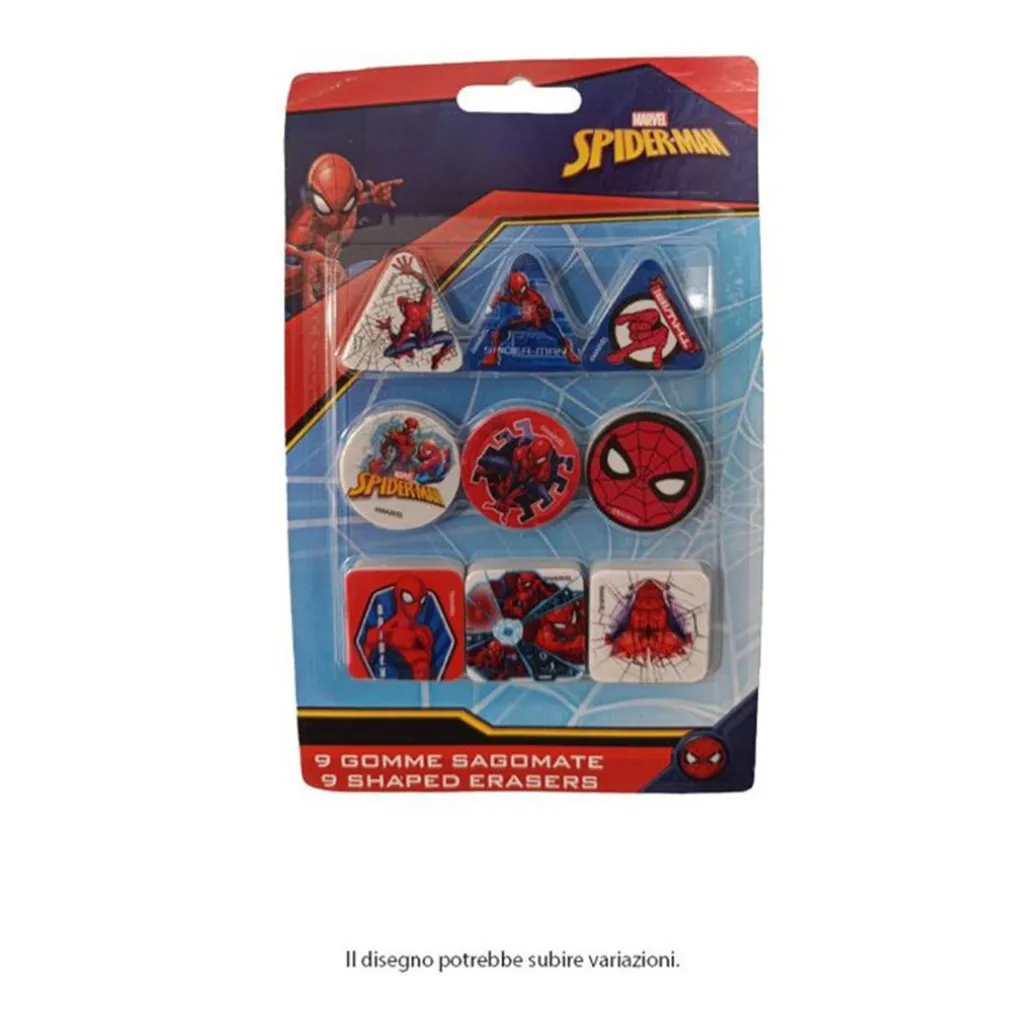 KIT GOMME PER CANCELLARE 9PZ SAGOMATE TEMA SPIDERMAN CANCELLERIA PER BAMBINI SCUOLA 955326