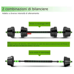 KIT 2IN1 BILANCIERE + MANUBRI CON PESI REGOLABILI COMPONIBILI PALESTRA TOT 20KG