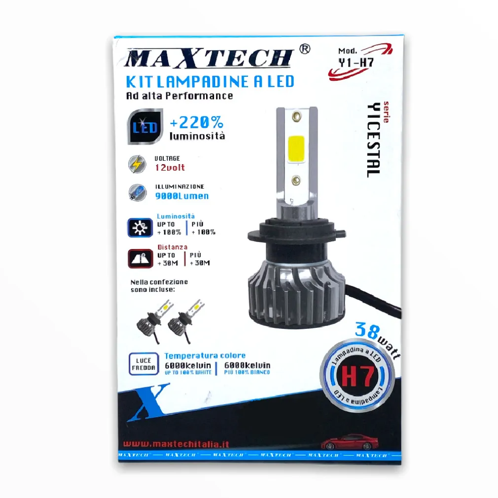KIT LAMPADINE LED PER AUTO H7 38 WATT LUCE FREDDA 6000K 12V 9000LM MAXTECH Y1-H7
