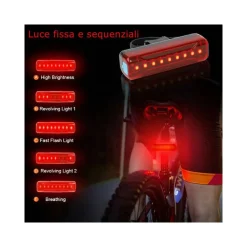 KIT LUCI BICI LED RICARICABILE ANTERIORE E POSTERIORE FARO FANALE BICICLETTA MTB