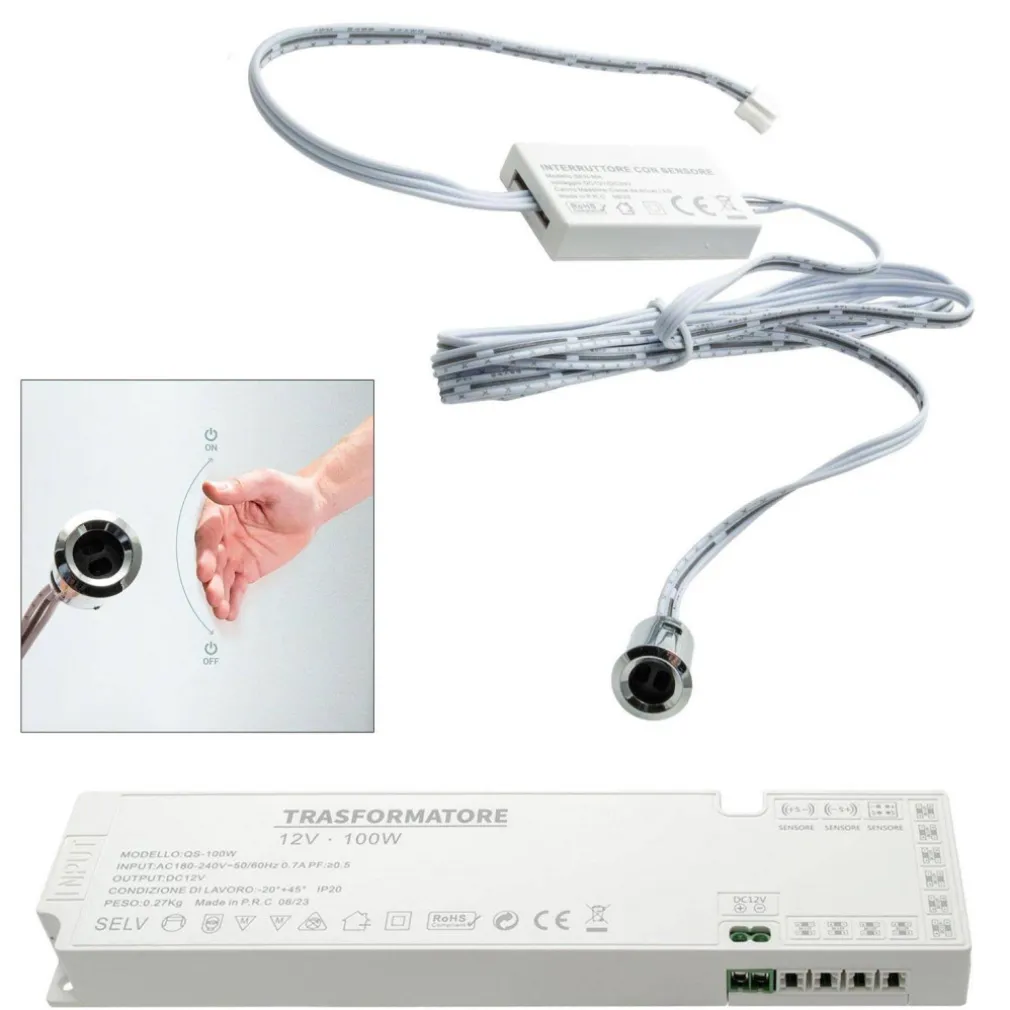 KIT MINI INTERRUTTORE SENSORE MOVIMENTO MANO LUCI LED ARMADIO ALIMENTATORE 12V 100W