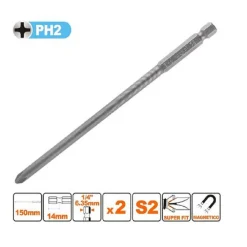 KIT 2PEZZI DI BITS DA 150MM GAMBO 1/4" 6.35MM S2 MAGNETICA CROCE TESTA PH2 57248