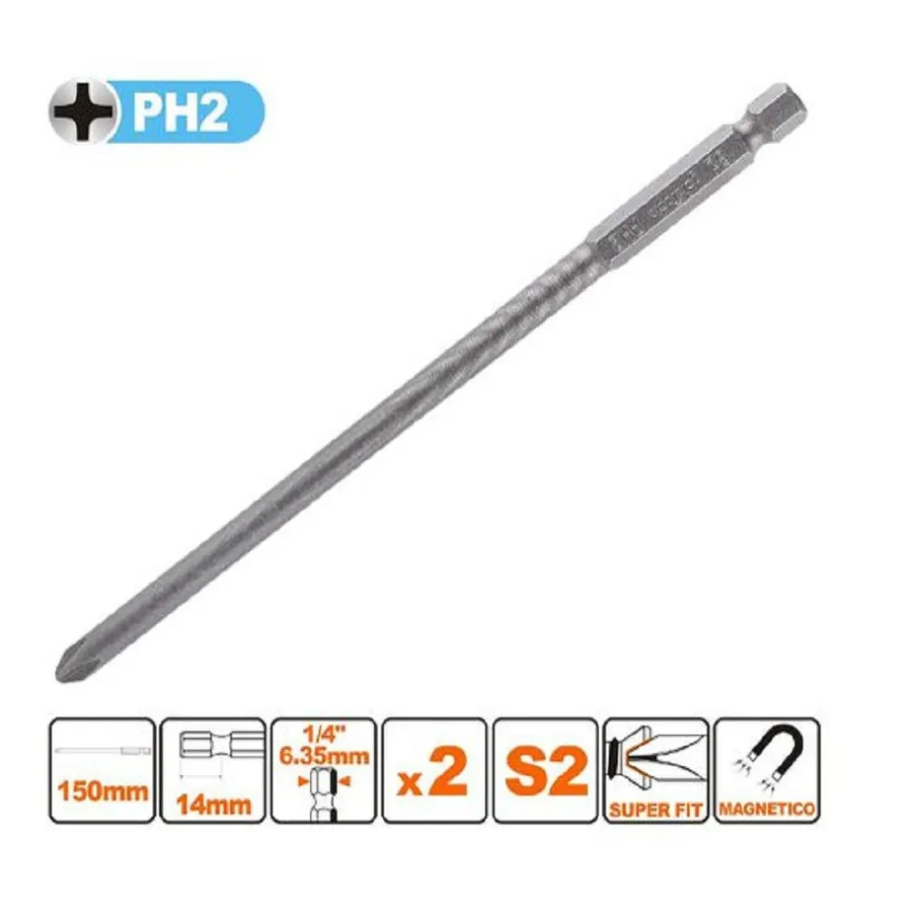 KIT 2PEZZI DI BITS DA 150MM GAMBO 1/4" 6.35MM S2 MAGNETICA CROCE TESTA PH2 57248