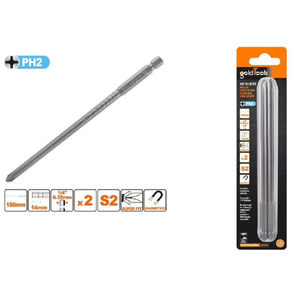 KIT 2PEZZI DI BITS DA 150MM GAMBO 1/4" 6.35MM S2 MAGNETICA CROCE TESTA PH2 57248