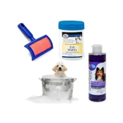 KIT PULIZIA CANI SHAMPOO AZIONE DISTRICANTE SALVIETTINE SPAZZOLA CARDATORE PELO LUNGO