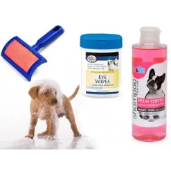 KIT PULIZIA CANI SHAMPOO AZIONE ADDOLCENTE SALVIETTINE SPAZZOLA CARDATORE PELO CORTO