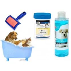 KIT PULIZIA CANI SHAMPOO NEUTRO SALVIETTINE SPAZZOLA CARDATORE LAVAGGI FREQUENTI