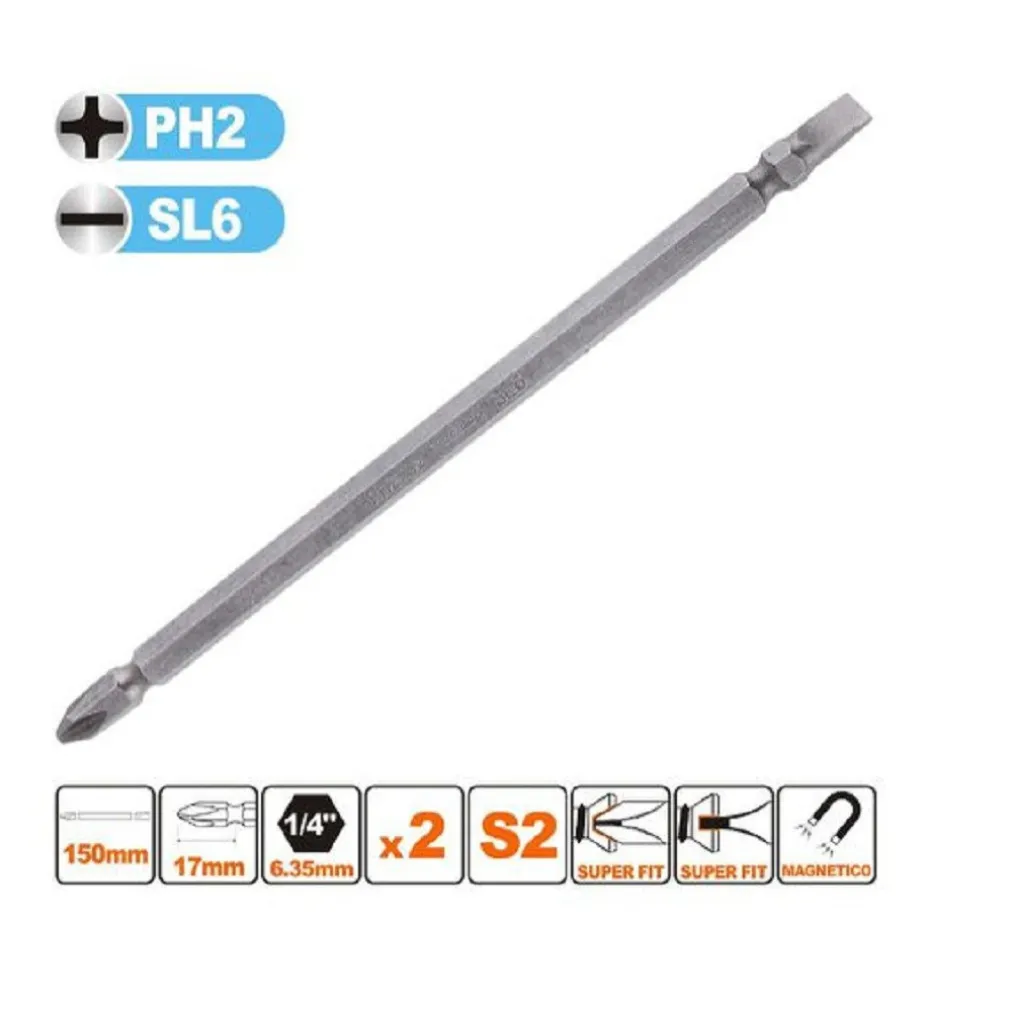 KIT 2PZ DI BITS DA 150MM PUNTE DOPPIE INSERTI PH2 + SL6 PUNTA S2 MAGNETICA 57245