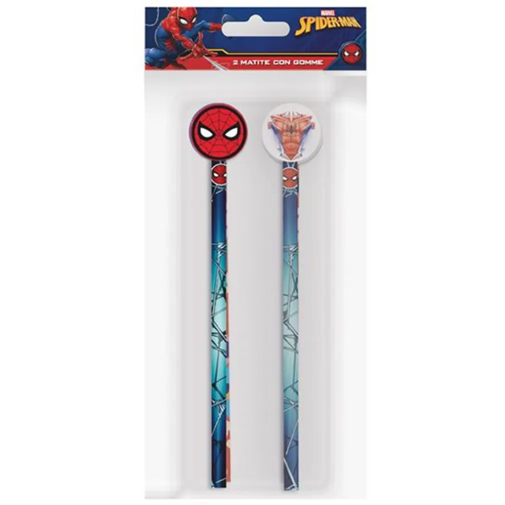KIT 2PZ MATITE CON GOMMA ROTONDA GRAFICA SPIDERMAN PER DISEGNO SCUOLA BAMBINI 960795