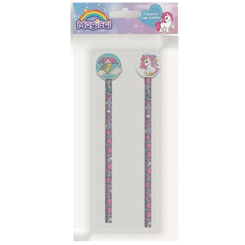 KIT 2PZ MATITE CON GOMMA ROTONDA GRAFICA MAGICO UNICORNO PER DISEGNO SCUOLA BAMBINE 737922