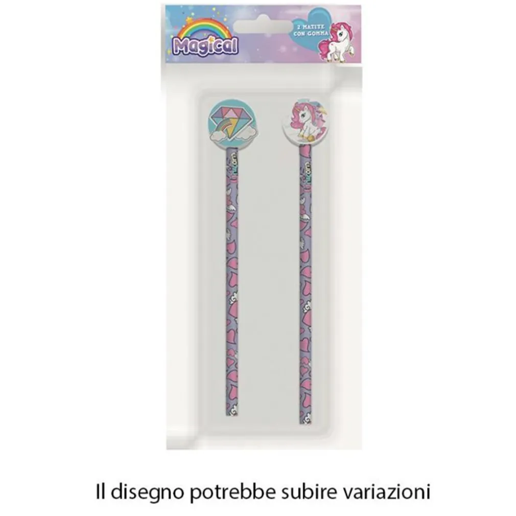 KIT 2PZ MATITE CON GOMMA ROTONDA GRAFICA MAGICO UNICORNO PER DISEGNO SCUOLA BAMBINE 737922
