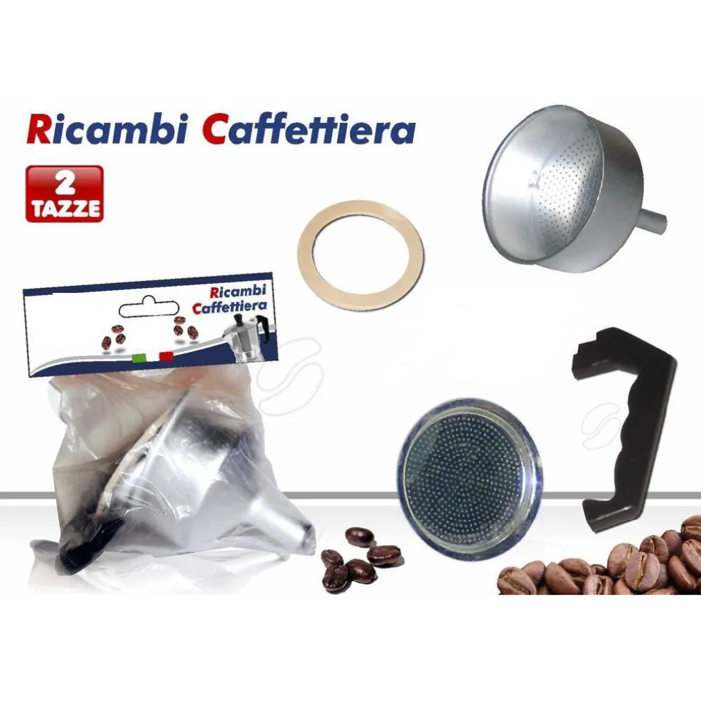 KIT 4PZ RICAMBI FILTRO GUARNIZIONE MANICO IMBUTO CAFFETTIERA MOKA MISURA 2 TAZZE