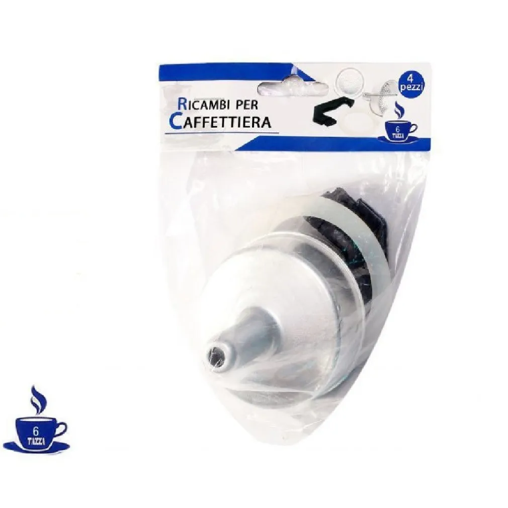 KIT 4PZ RICAMBI FILTRO GUARNIZIONE MANICO IMBUTO CAFFETTIERA MOKA MISURA 6 TAZZE