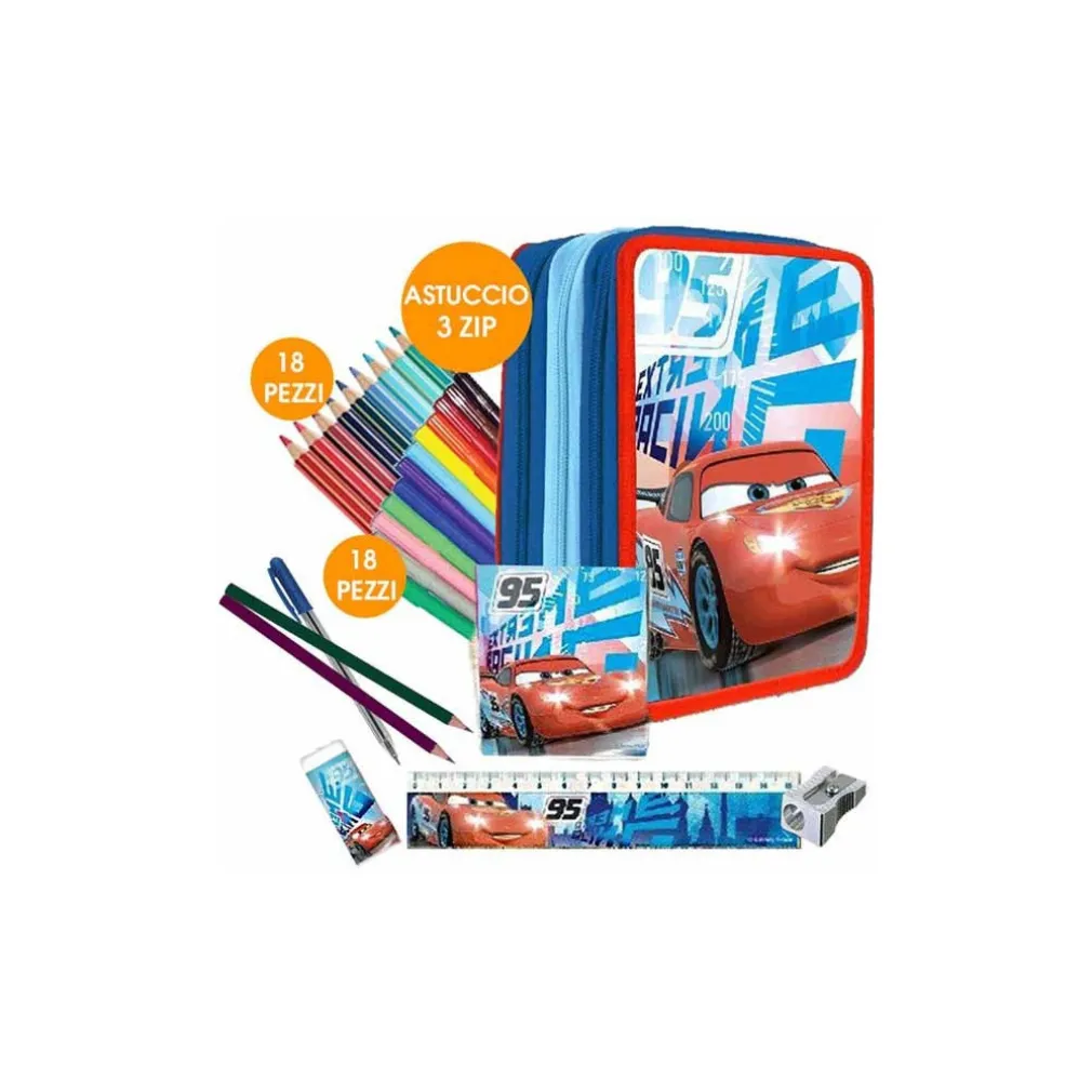 KIT SCUOLA SCHOOL PACK ZAINO ESTENSIBILE + ASTUCCIO 3 ZIP DISNEY CARS