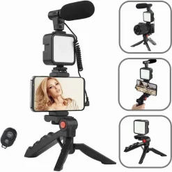 KIT VLOGGER PROFESSIONALE 4IN1 UNIVERSALE PER SMARTPHONE CON MICROFONO LUCE LED