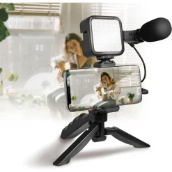 KIT VLOGGER PROFESSIONALE 4IN1 UNIVERSALE PER SMARTPHONE CON MICROFONO LUCE LED