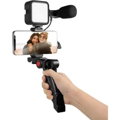 KIT VLOGGER PROFESSIONALE 4IN1 UNIVERSALE PER SMARTPHONE CON MICROFONO LUCE LED