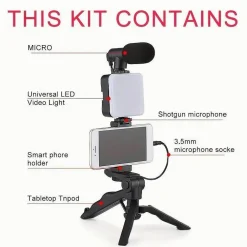 KIT VLOGGER PROFESSIONALE 4IN1 UNIVERSALE PER SMARTPHONE CON MICROFONO LUCE LED