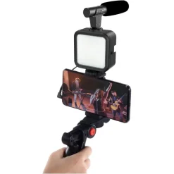 KIT VLOGGER PROFESSIONALE 4IN1 UNIVERSALE PER SMARTPHONE CON MICROFONO LUCE LED