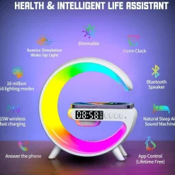 LAMPADA A FORMA DI G MULTICOLOR CON CASSA SPEACKER E CARICABATTERIA AD INDUZIONE