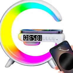 LAMPADA A FORMA DI G MULTICOLOR CON CASSA SPEACKER E CARICABATTERIA AD INDUZIONE