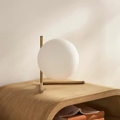 LAMPADA COMODINO MINIMALISTA LUME DECORATIVO IN METALLO BRONZO SFERA VETRO G9 D34