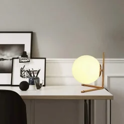 LAMPADA COMODINO MINIMALISTA LUME DECORATIVO IN METALLO BRONZO SFERA VETRO G9 D34