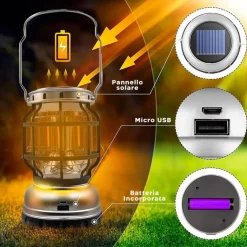 LAMPADA DA CAMPEGGIO A LED SOLARE LANTERNA A FIAMMA PORTATILE RICARICABILE USB