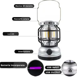LAMPADA DA CAMPEGGIO A LED SOLARE LANTERNA A FIAMMA PORTATILE RICARICABILE USB
