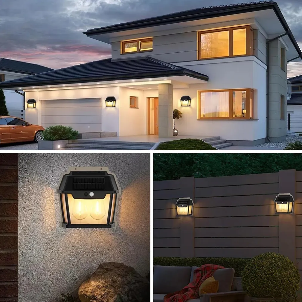 LAMPADA DA PARETE A LUCE CALDA PANNELLO SOLARE A DOPPIO LED CON SENSORE IP65 SENZA FILI