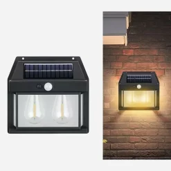 LAMPADA DA PARETE A LUCE CALDA PANNELLO SOLARE A DOPPIO LED CON SENSORE IP65 SENZA FILI